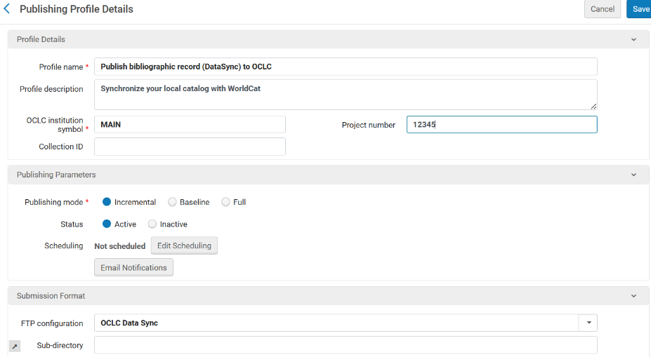 The Publishing Profile Details for OCLC data synch.